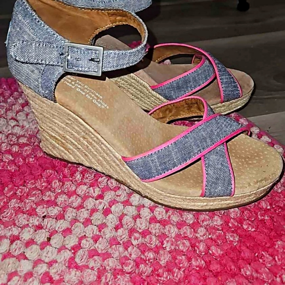 Womens TOMS Denim Wedge Sandal with Pink Accents